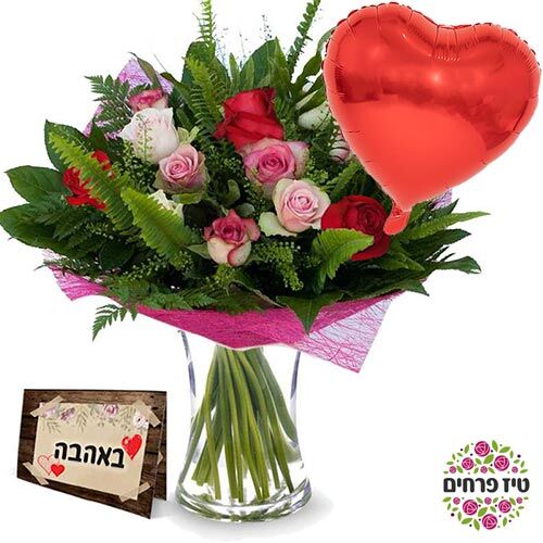 זר ורדים פסטל ובלון לב אדום טיז פרחים באר שבע