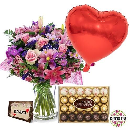 זר פרחים זר פרחים טינקברל שוקולד פררו רושה ובלון באהבהטינקברל שוקולד פררו רושה ובלון לאמא באהבה